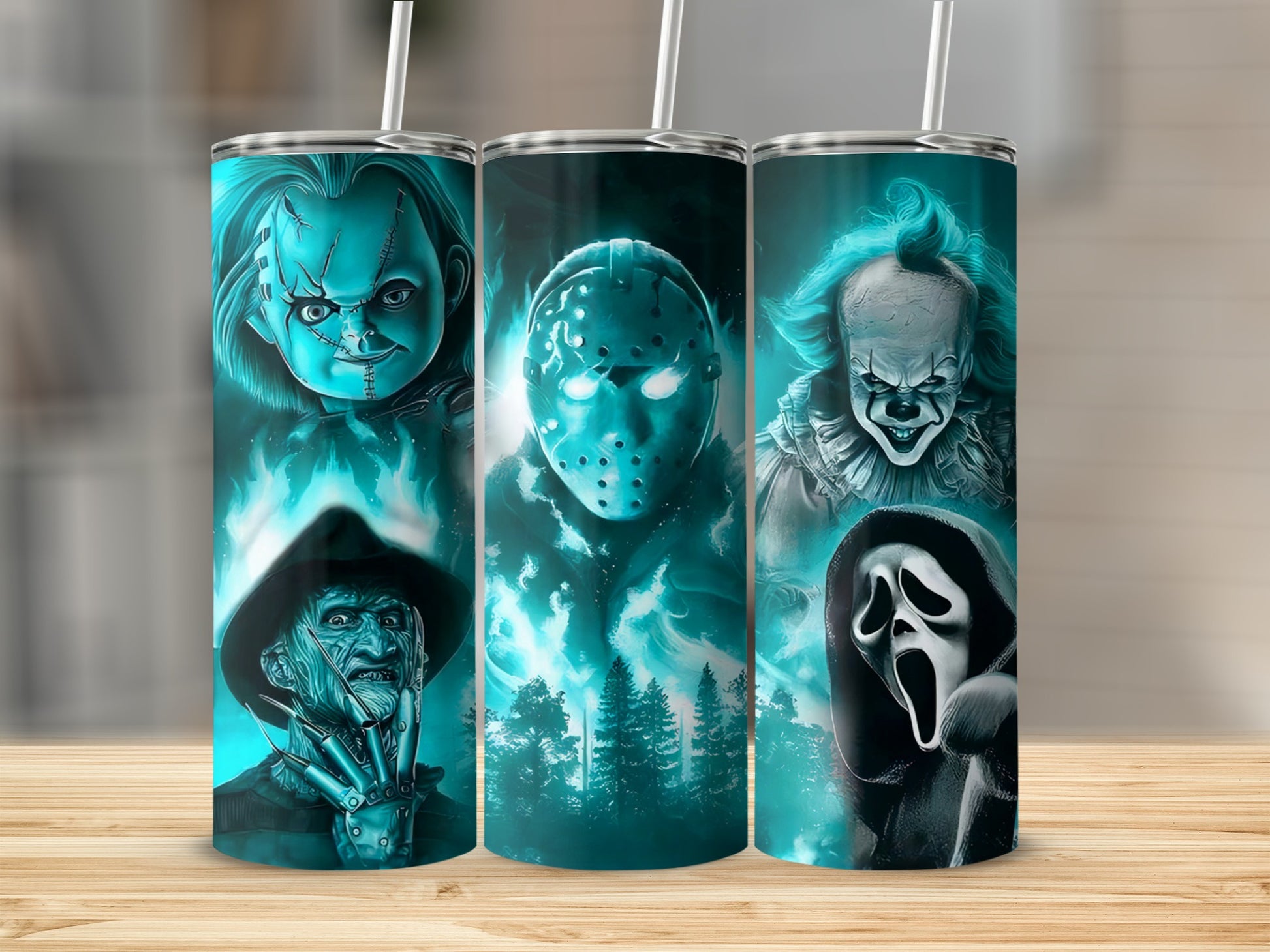Tumblers featuring Chucky, Jason Voorhees, Pennywise, Freddy Krueger, and Ghostface.