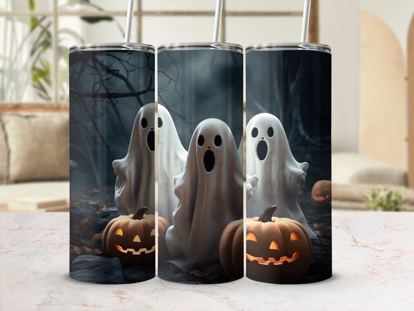 Three tumblers with ghosts and jack-o'-lanterns on a spooky Halloween background.