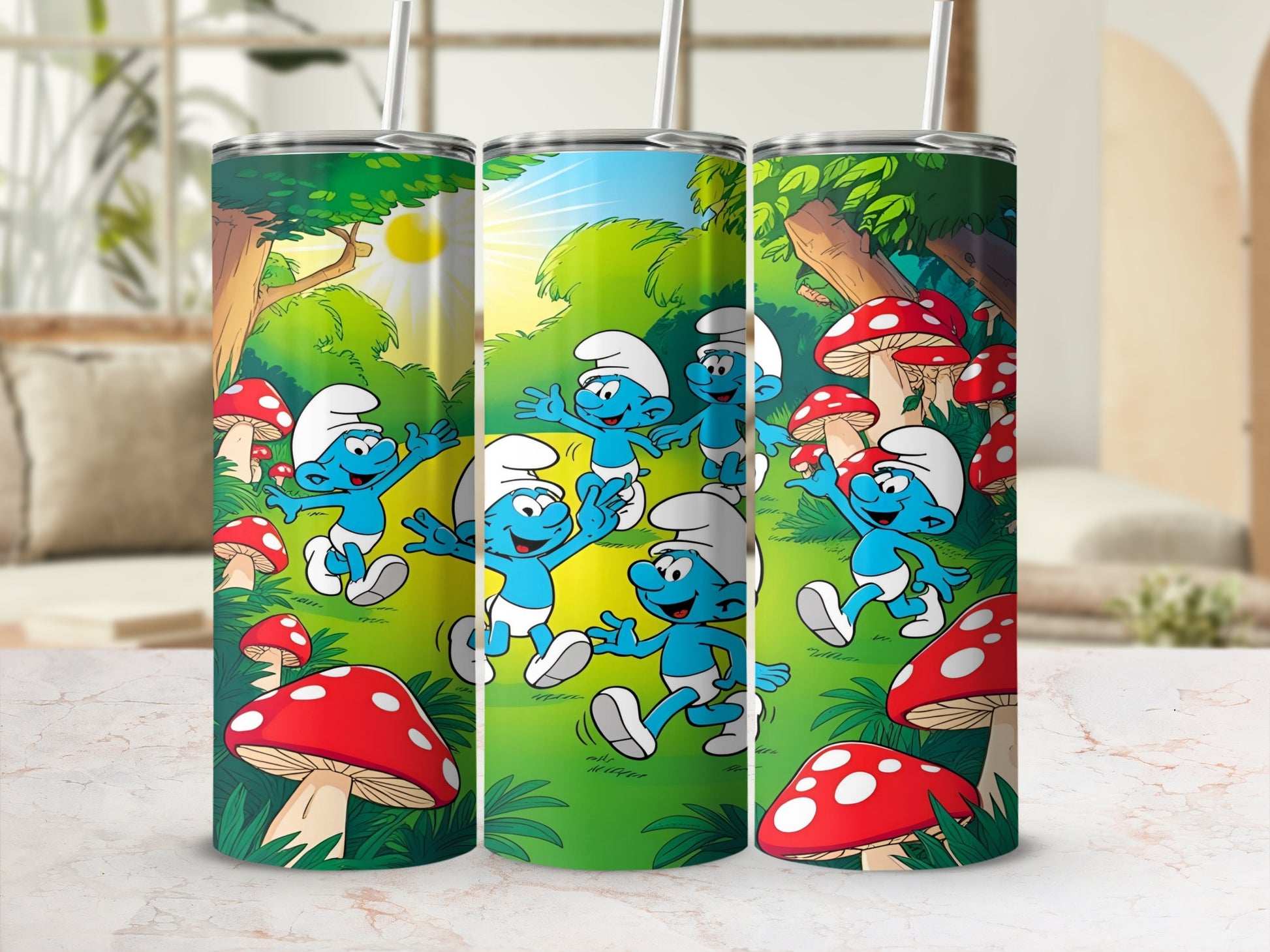 Smurfs dancing and playing among oversized mushrooms in a sunny forest.