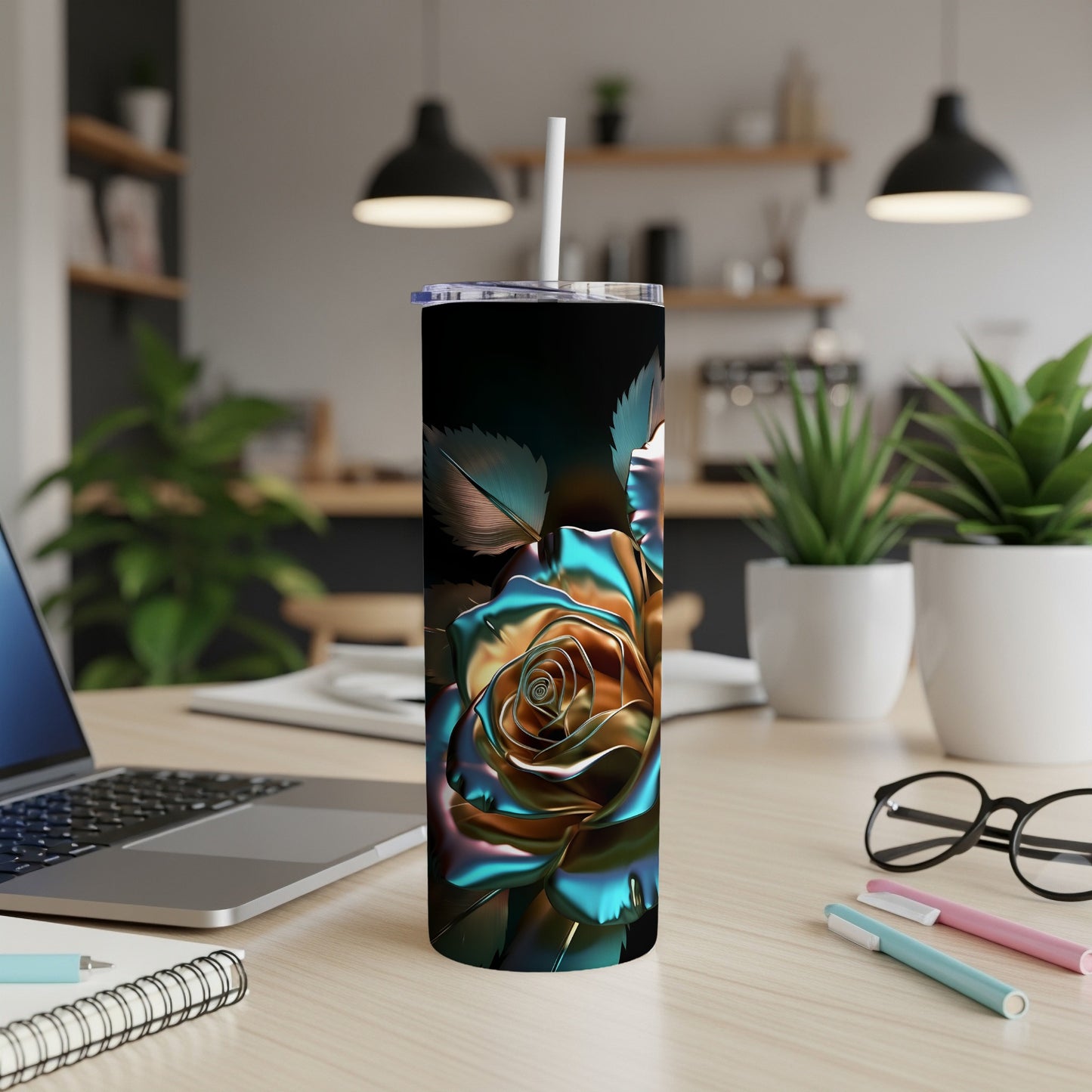 Iridescent rose design on a black tumbler with straw.