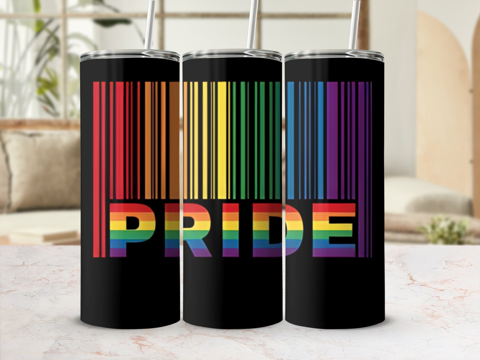 Black tumblers with rainbow pride flag barcode design.