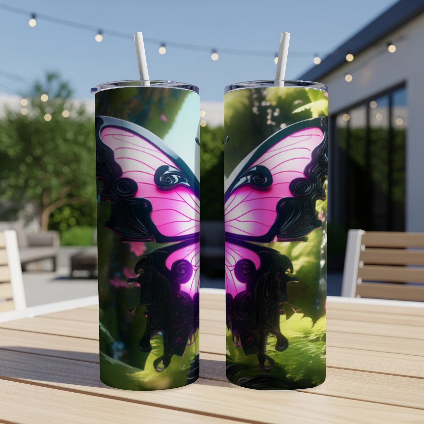 Two pink butterfly tumblers with straws on a wooden table outdoors.