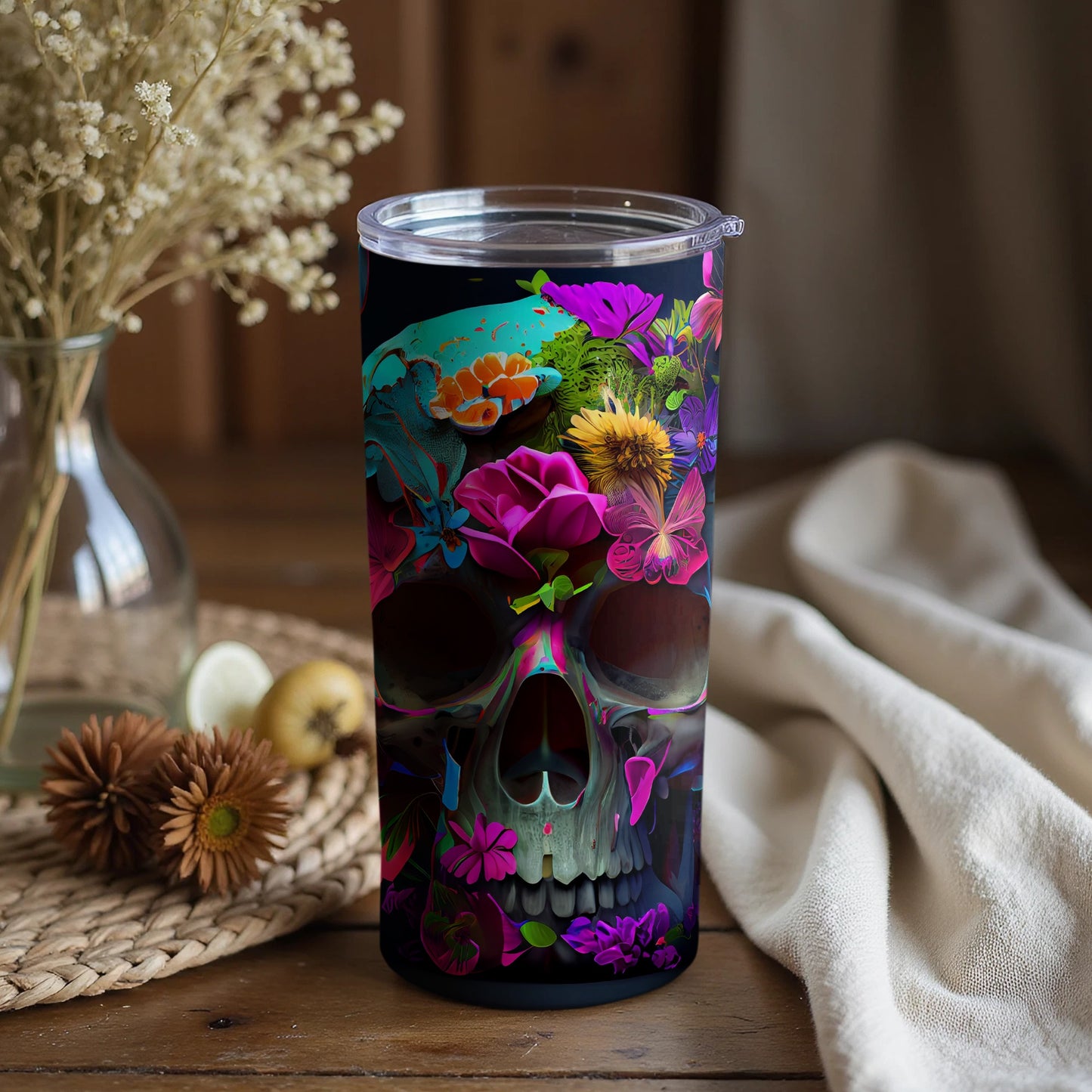 Colorful Floral Skull Design Insulated Tumbler