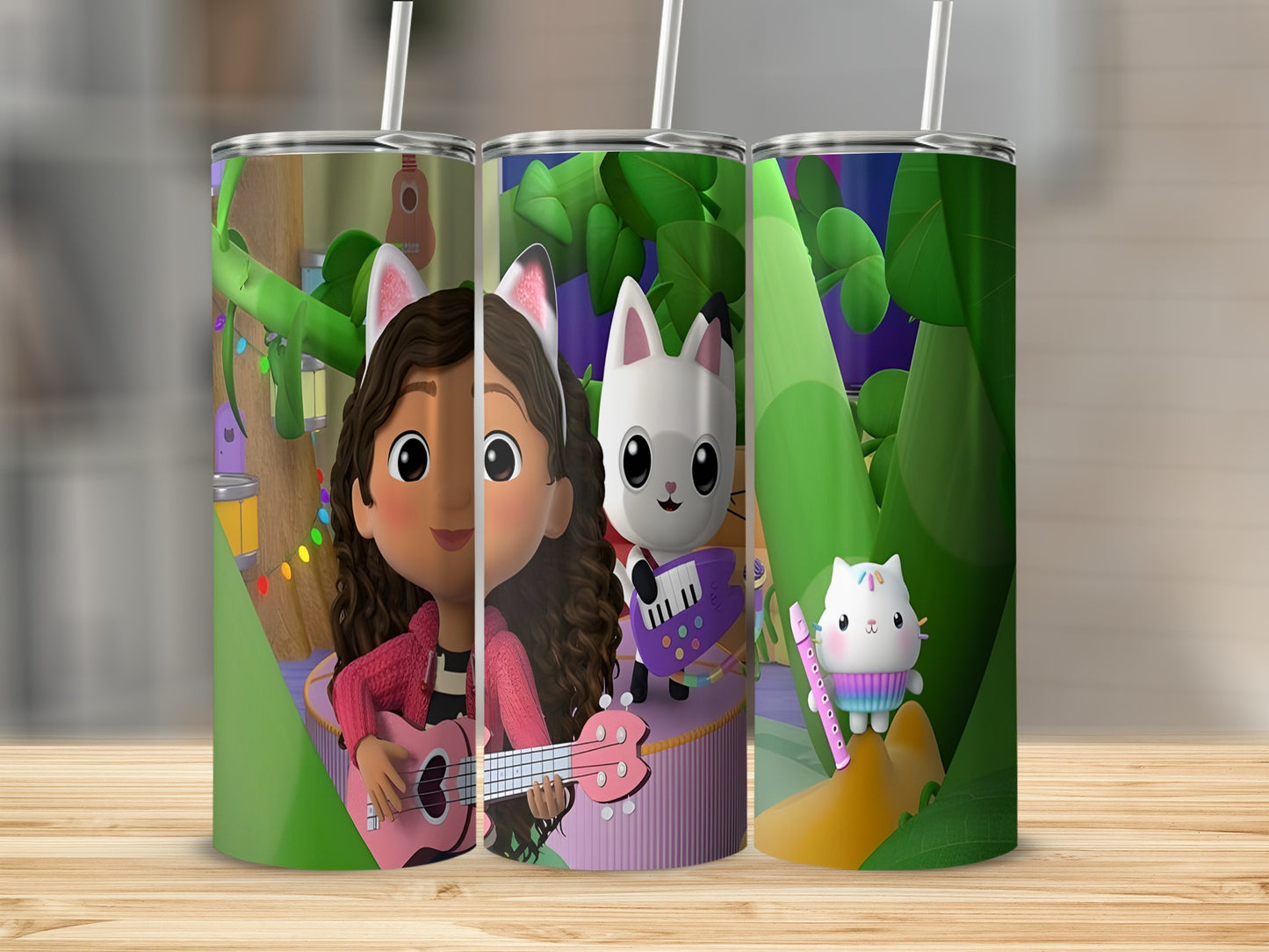 Gabby's Dollhouse Gabby and Pandy on a tumbler with cartoon cat characters.