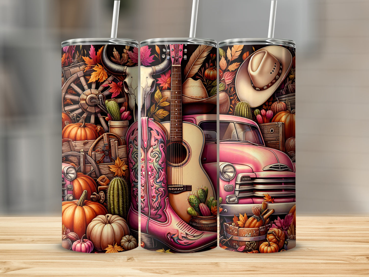 Pink cowboy boots and guitar in front of a vintage pickup truck and pumpkins.