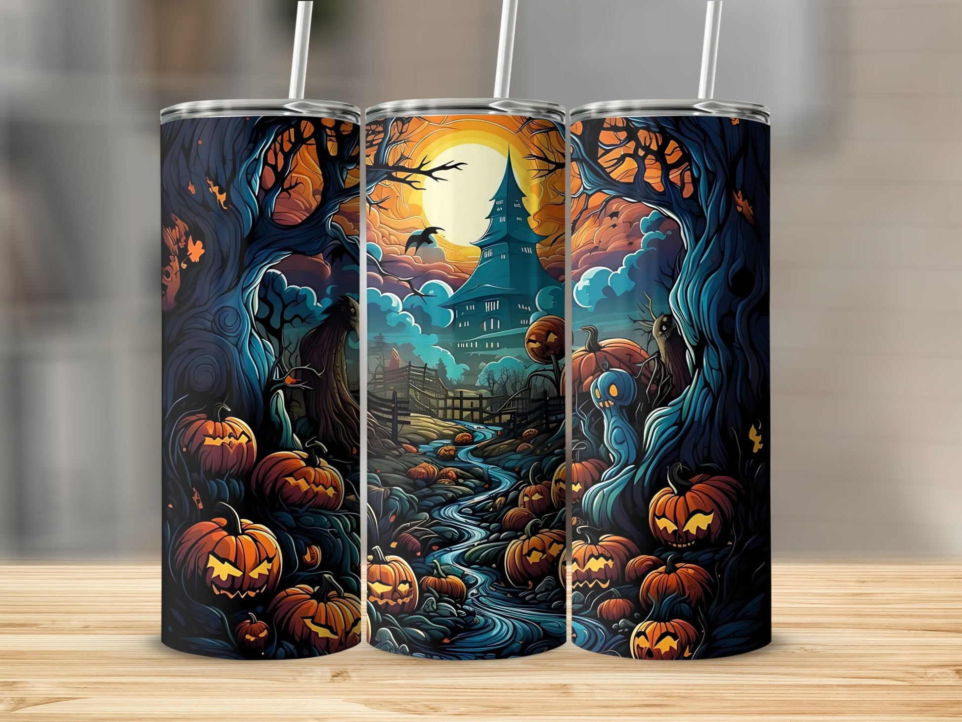 Three tumblers feature a Halloween landscape with a spooky castle, pumpkins, and a winding stream.