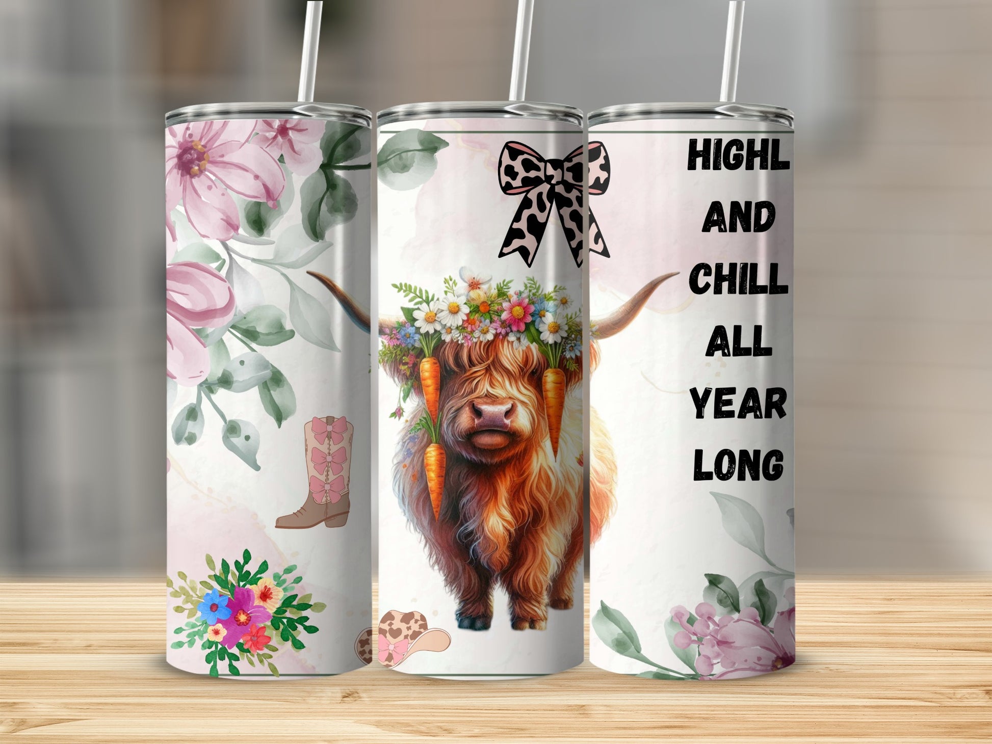 Highl And Chill All Year Long Cow Design Tumbler