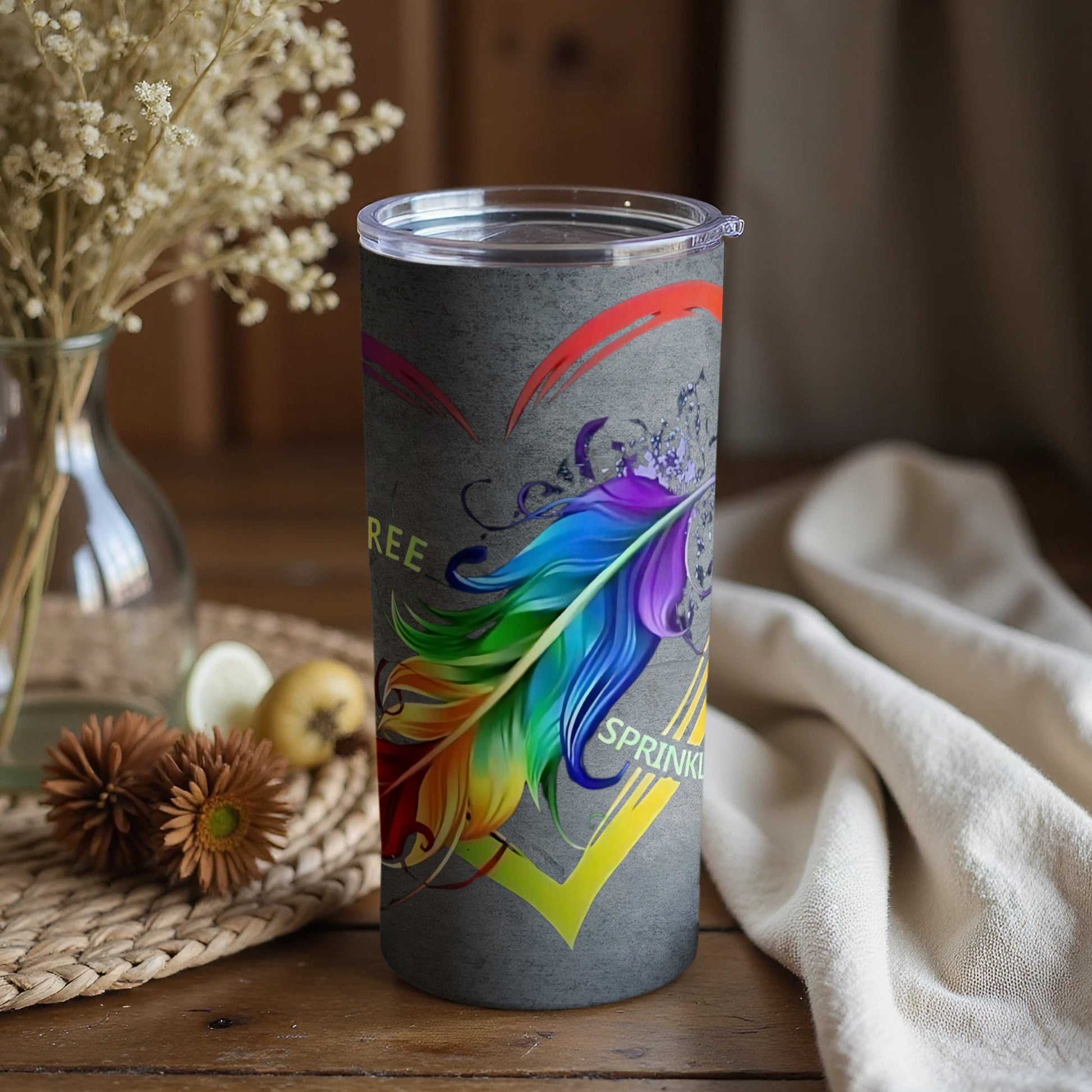 Inspirational Rainbow Design with Heart Travel Tumbler