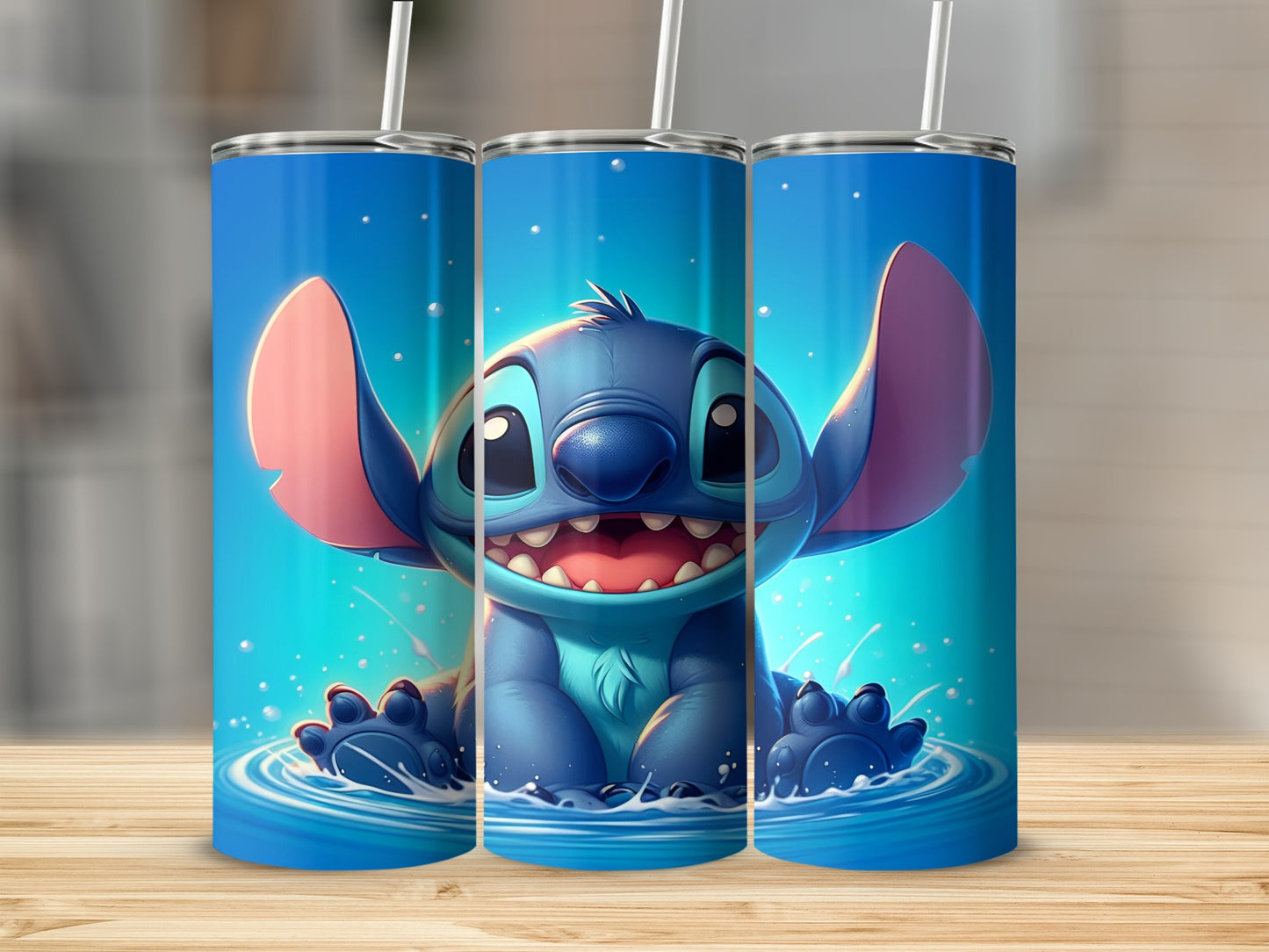 Stitch character splashing in water, three tumbler wraps.