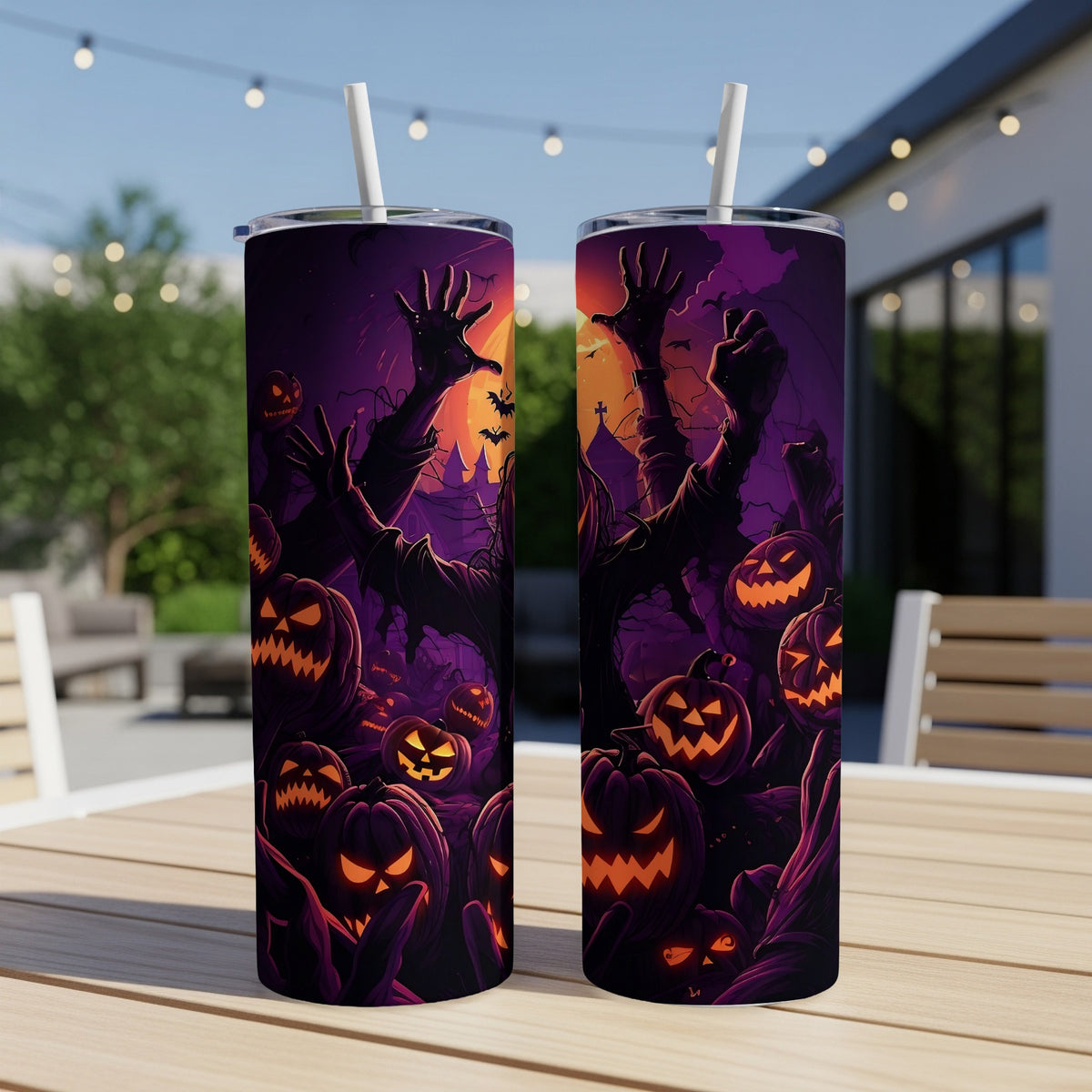 Two tumblers featuring a spooky Halloween scene with jack-o'-lanterns and rising hands.
