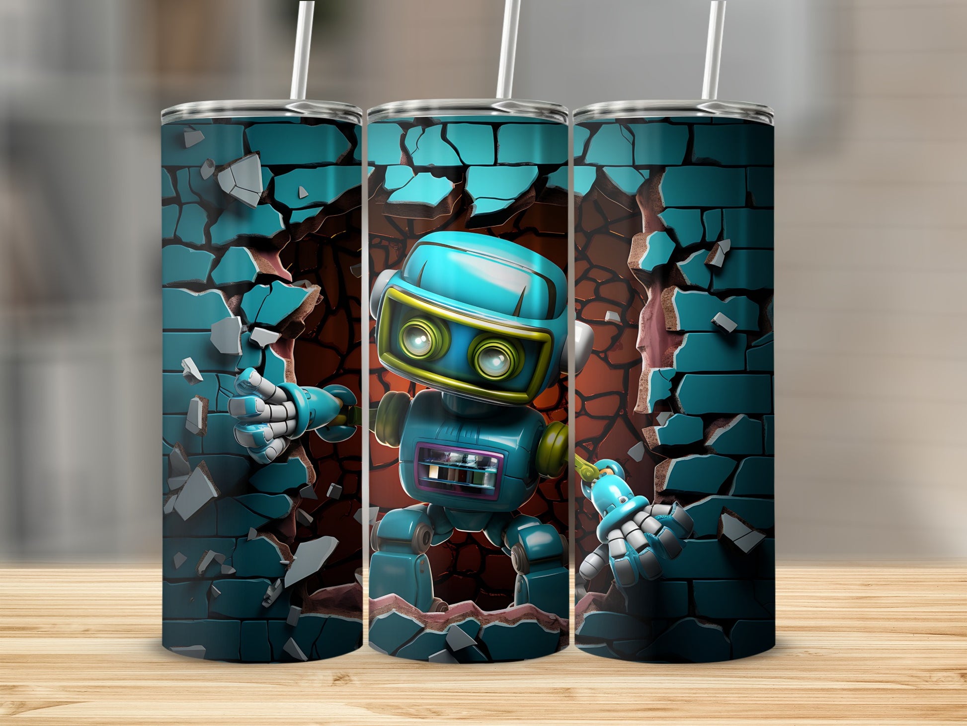 Quirky Robot Breaking Through Wall Tumbler Design