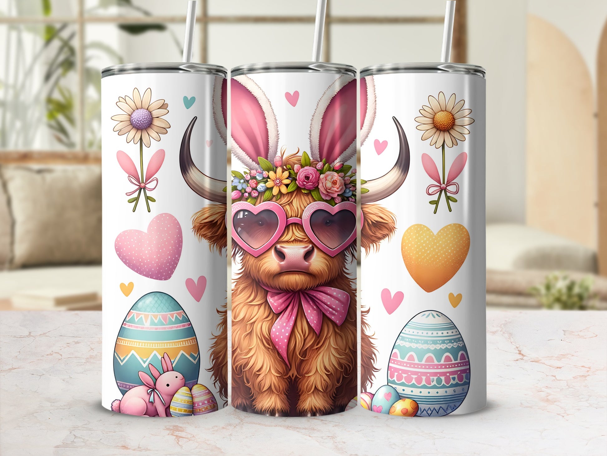 Highland cow in bunny ears and heart sunglasses with Easter eggs.