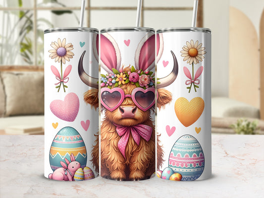 Highland cow in bunny ears and heart sunglasses with Easter eggs.
