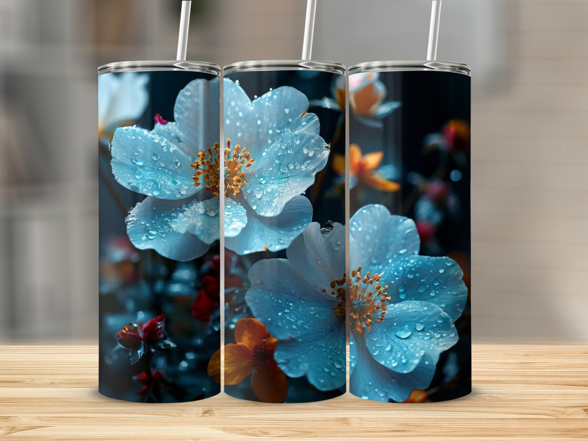 Three tumblers featuring close-up watercolor art of blue flowers with water droplets.