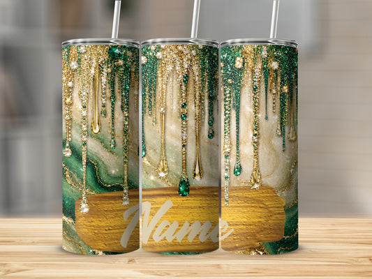 Three tumblers with dripping gold and emerald gem design and a "Name" placeholder.