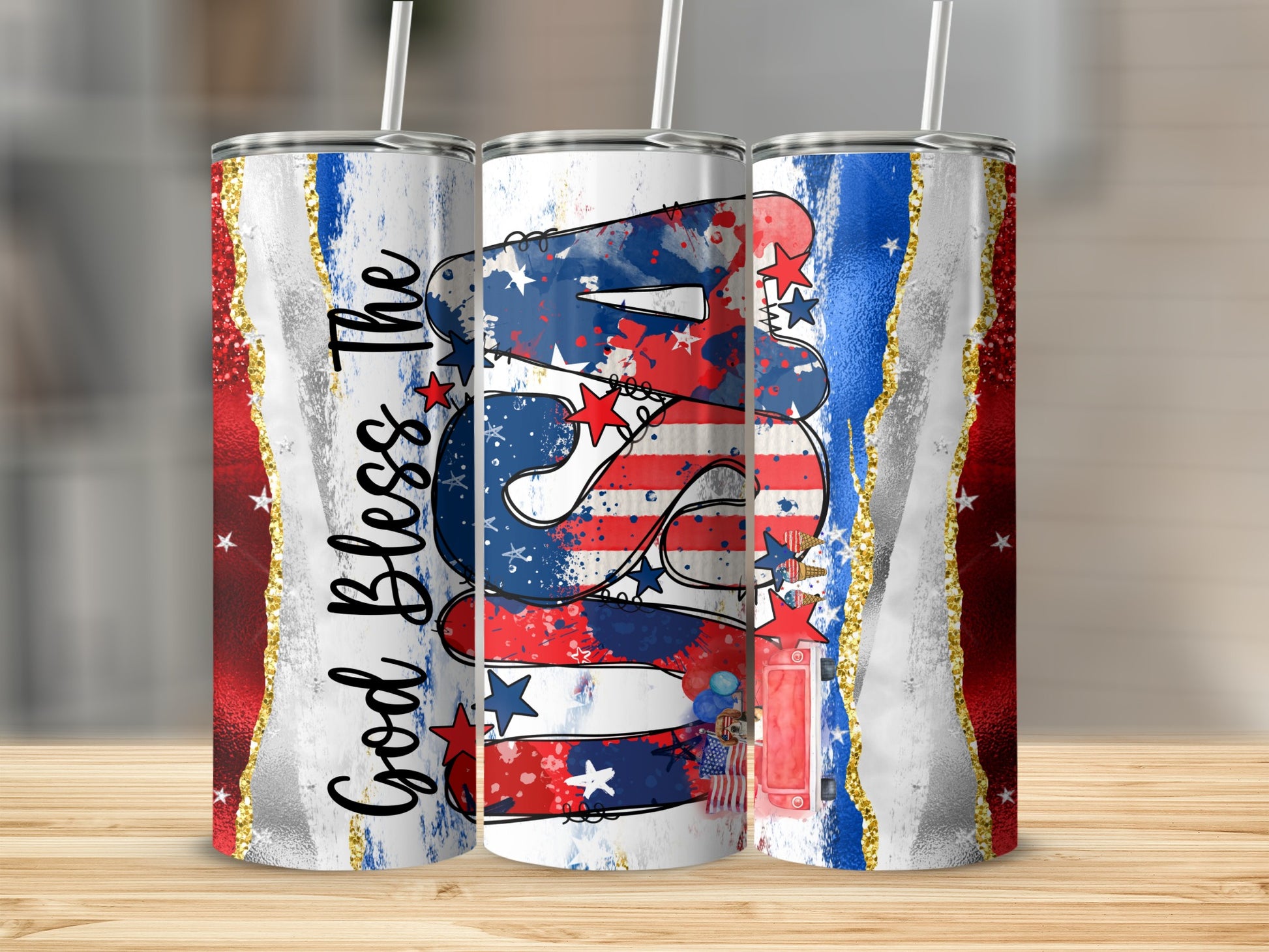 Three tumblers with "God Bless The USA" text and patriotic red, white, and blue design.