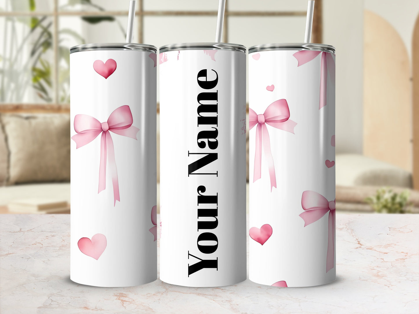 Personalized Pink Bows and Hearts Custom Tumbler