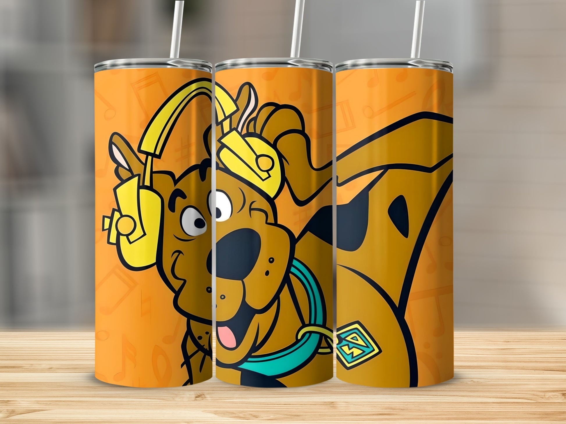 Scooby-Doo wearing headphones on a patterned orange background.