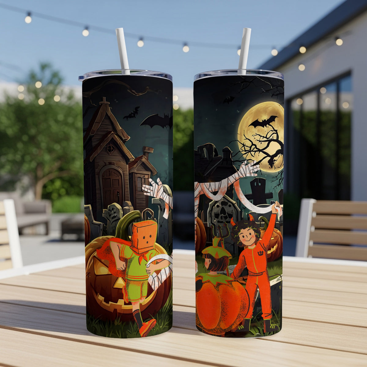 Halloween tumblers featuring cartoon children in costumes with pumpkins and a spooky background.