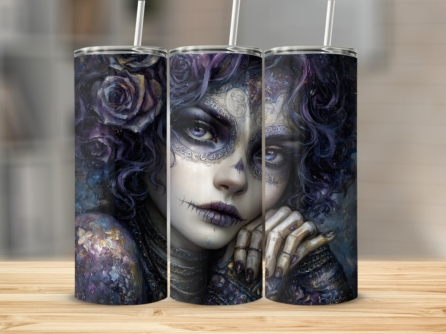 Mysterious Masked Face Art on Unique Tumbler