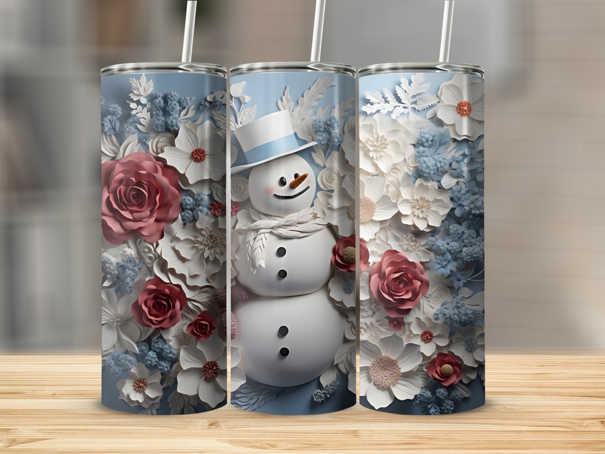 Elegant Snowman and Roses Floral Design Tumbler