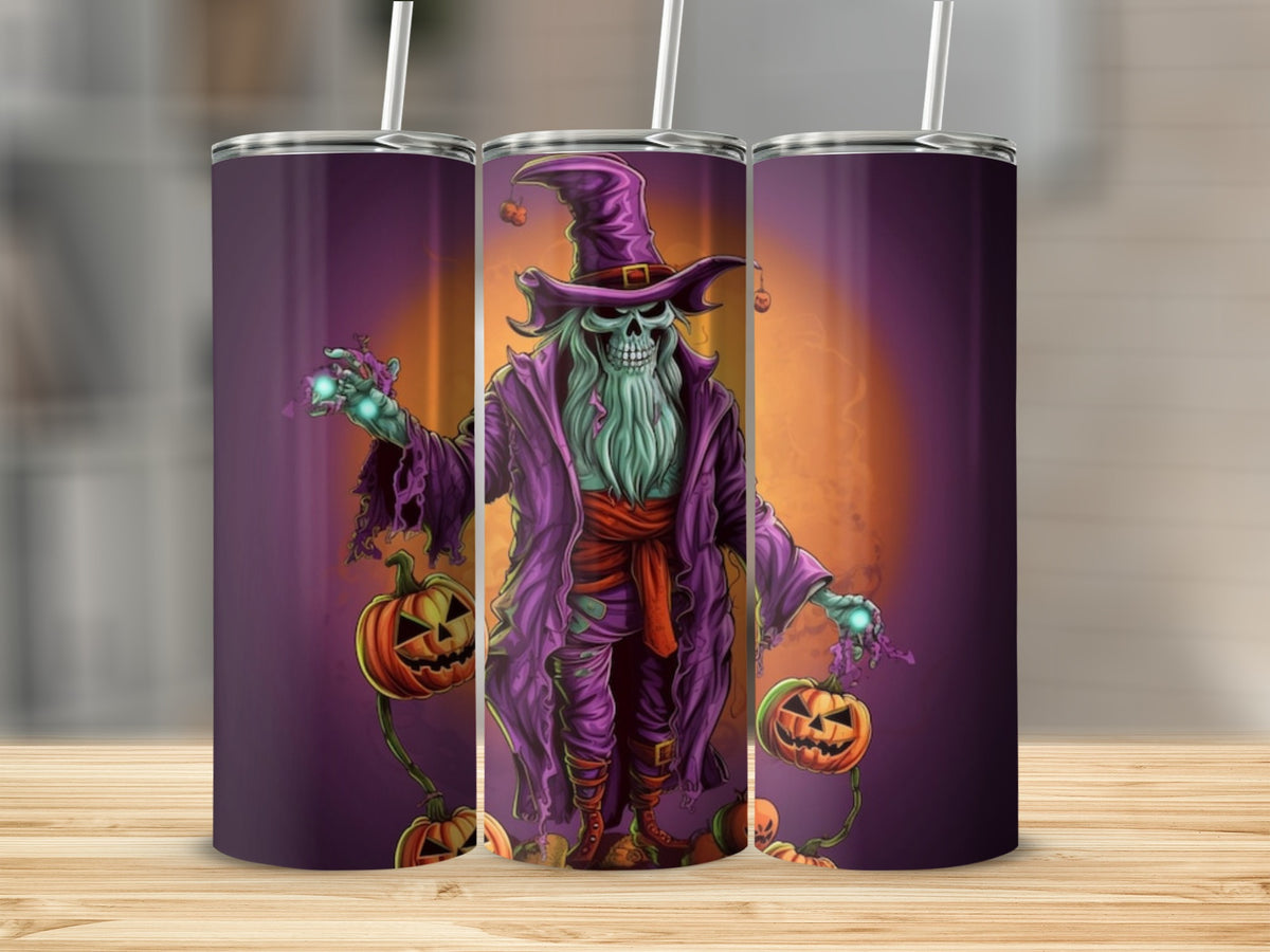 Three tumblers display a skeleton wizard with pumpkins and glowing hands.
