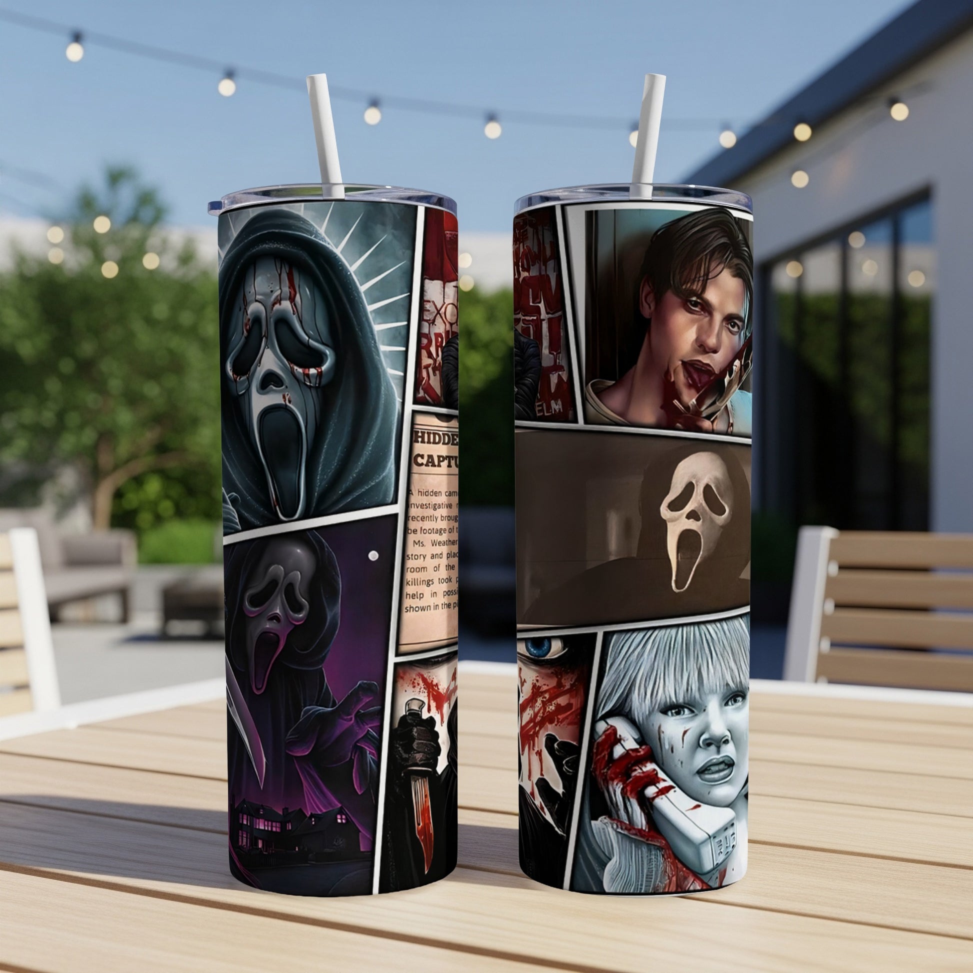 Tumbler with horror movie collage featuring Ghostface and Drew Barrymore.