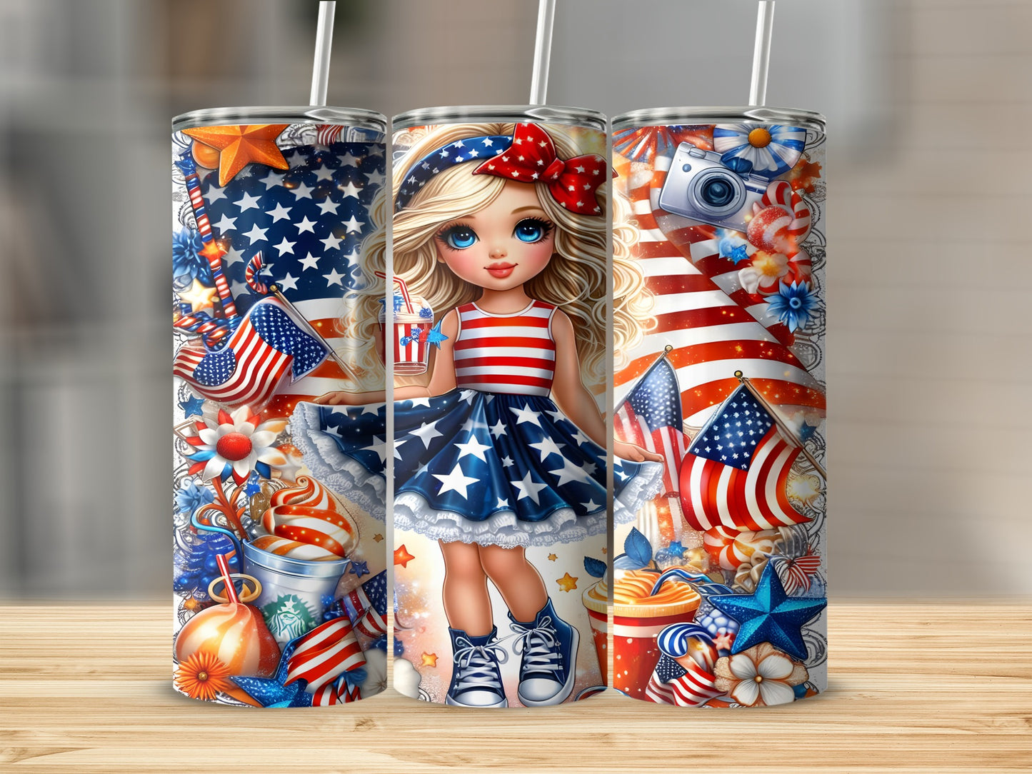 Girl in patriotic dress holding a drink surrounded by Fourth of July themed decorations.