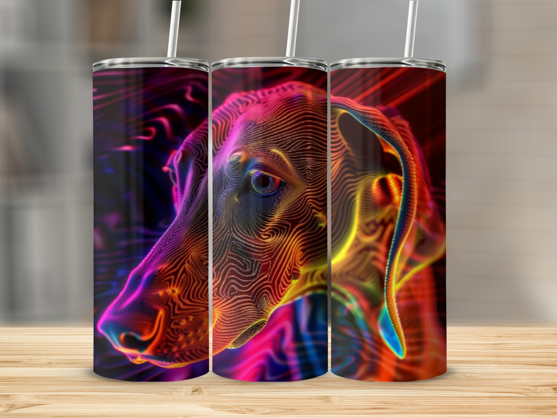Colorful, abstract dog portrait on three tumblers.