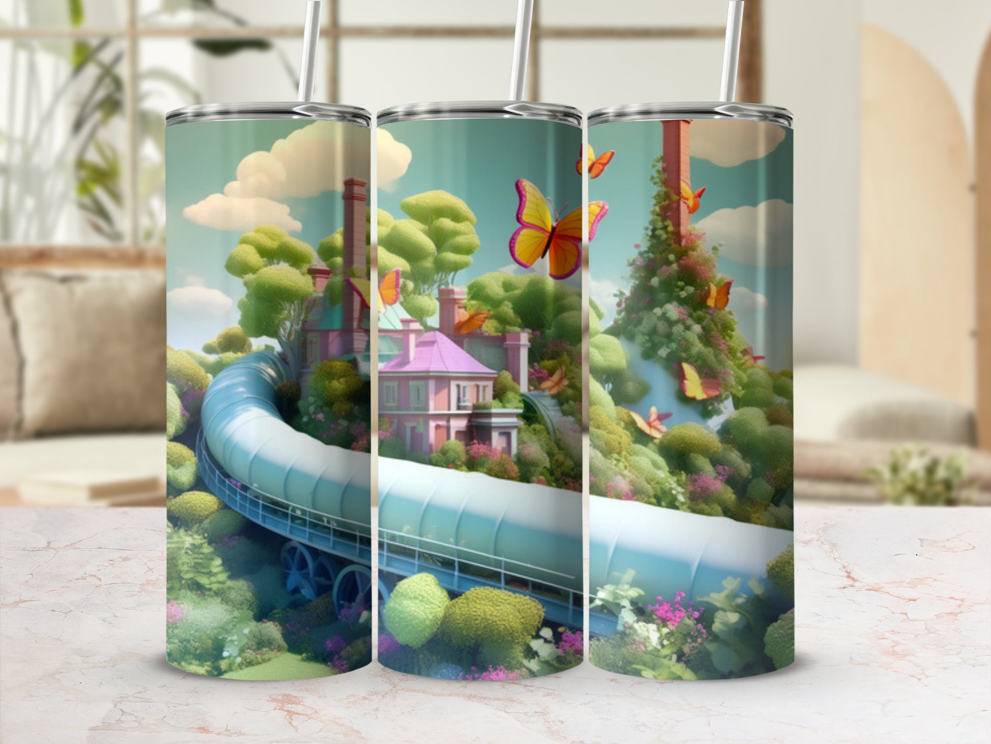 Tall tumbler with whimsical outdoor scene featuring pink building, colorful flowers, and butterflies.