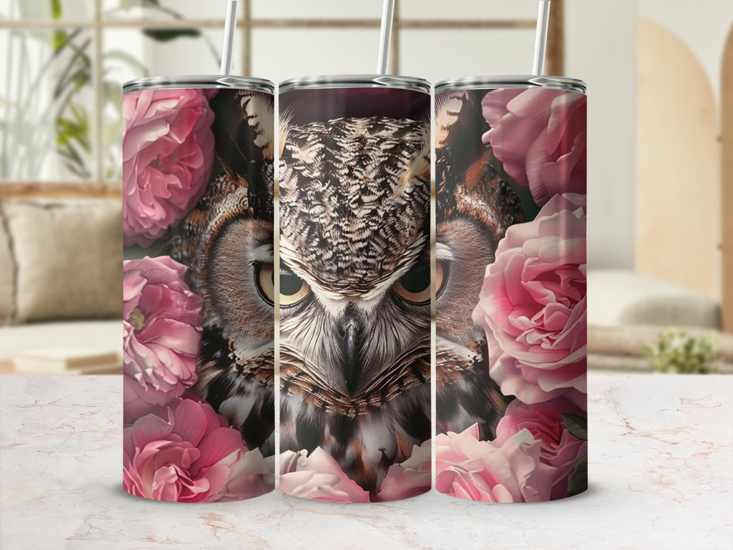 Owl face surrounded by pink roses, on a marble surface, in soft light.