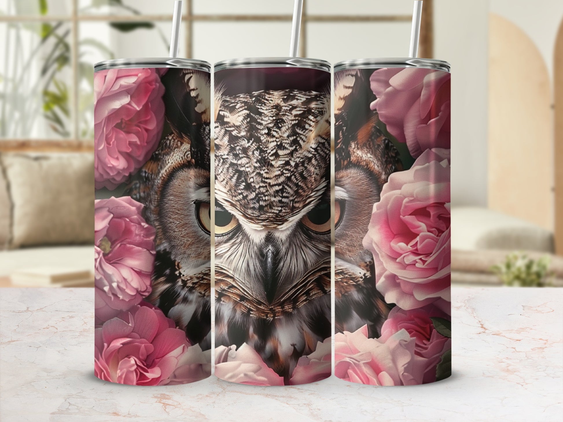 Owl face surrounded by pink roses, on a marble surface, in soft light.