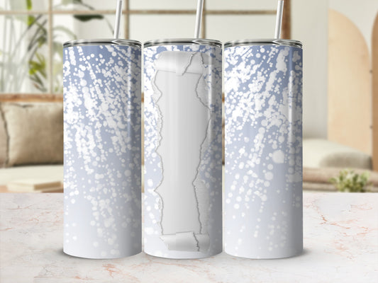 Three tumblers with a faded blue bokeh and torn paper effect.