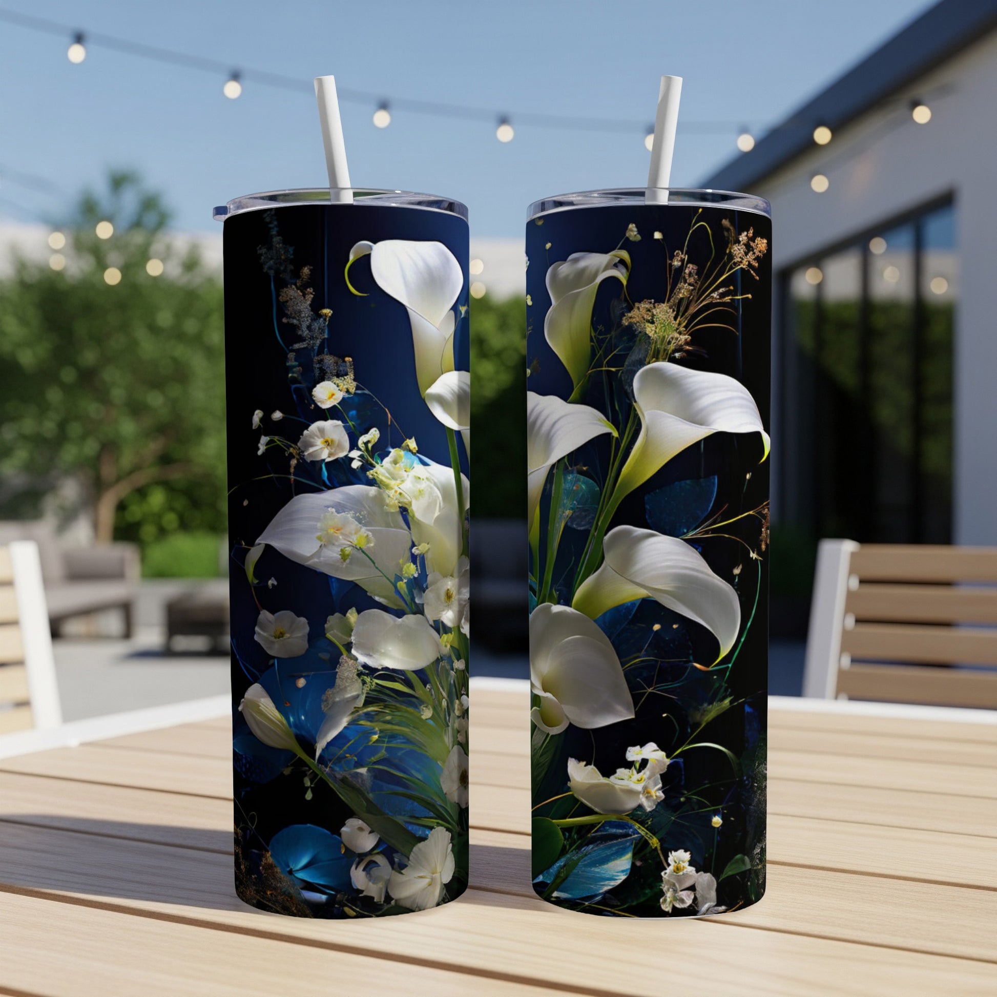 Two tumblers with a white calla lily floral design.
