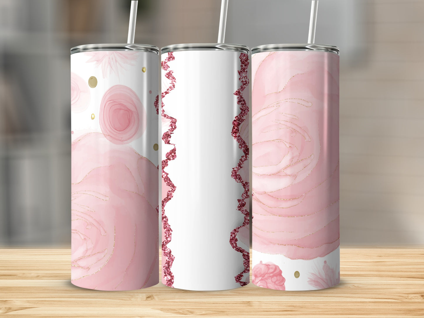 Three pink watercolor tumblers with gold floral accents and glitter trim.