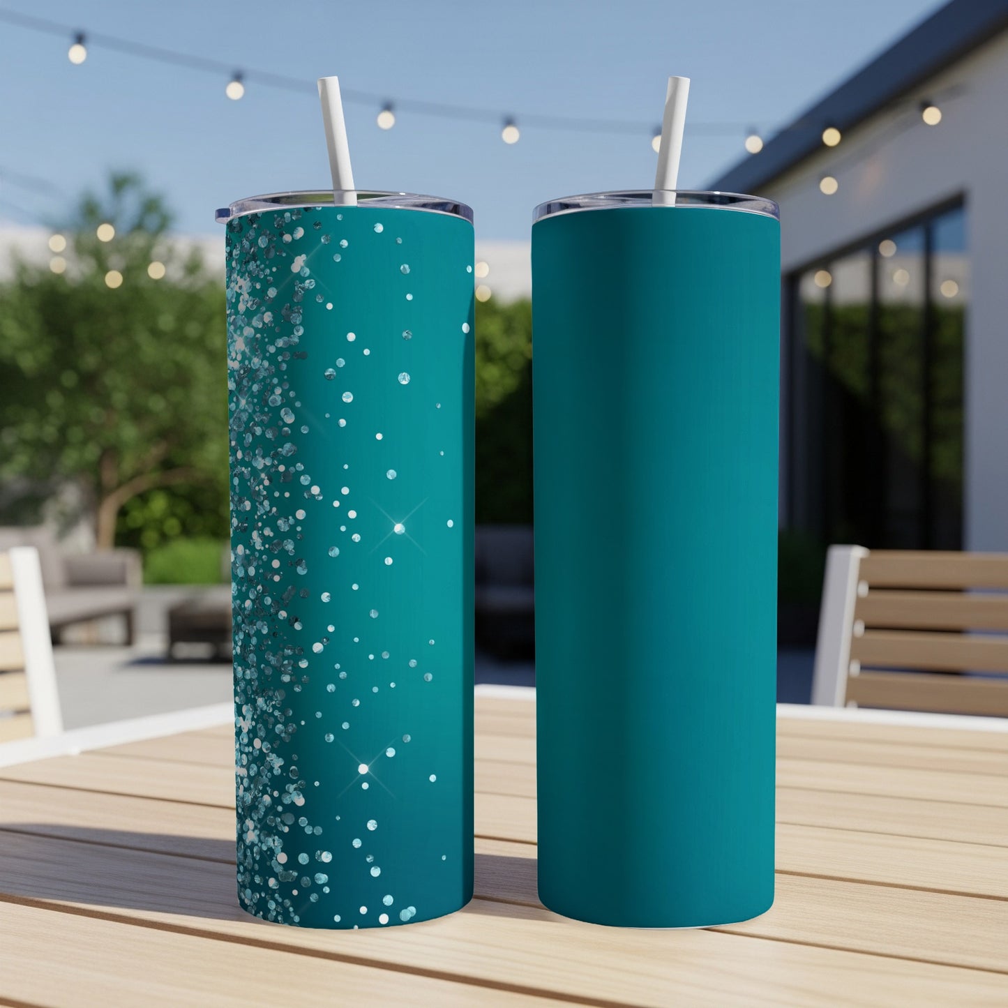 Two teal tumblers with straws on a wooden table, one with glittery accents.