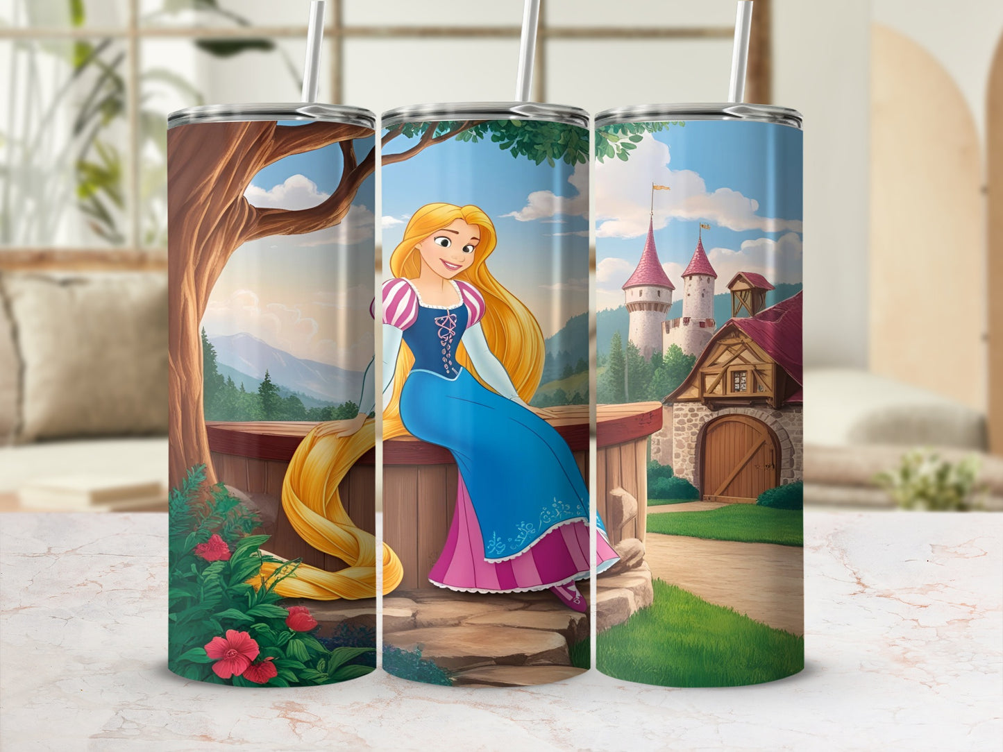 Tangled Rapunzel on a bench with a castle in the background.