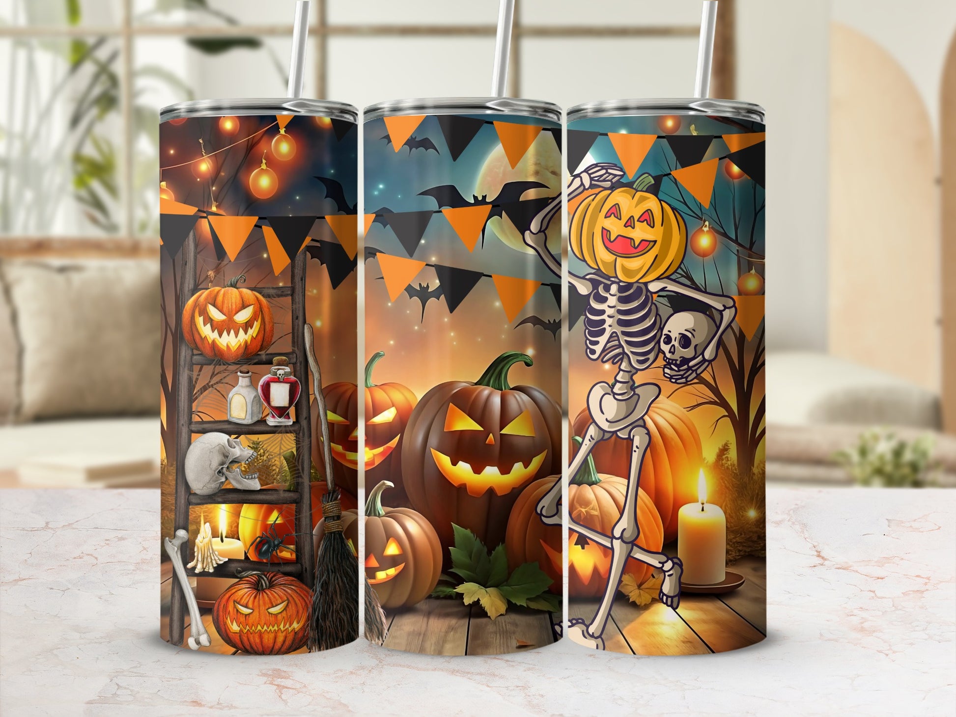 Halloween Themed Pumpkin Skeleton Design Tumbler