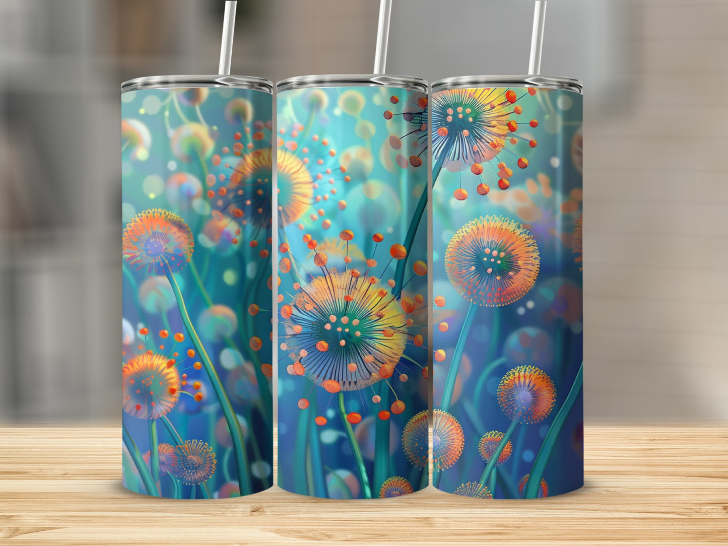 Three tumblers with a vibrant, glowing dandelion-like floral pattern on a wooden surface.