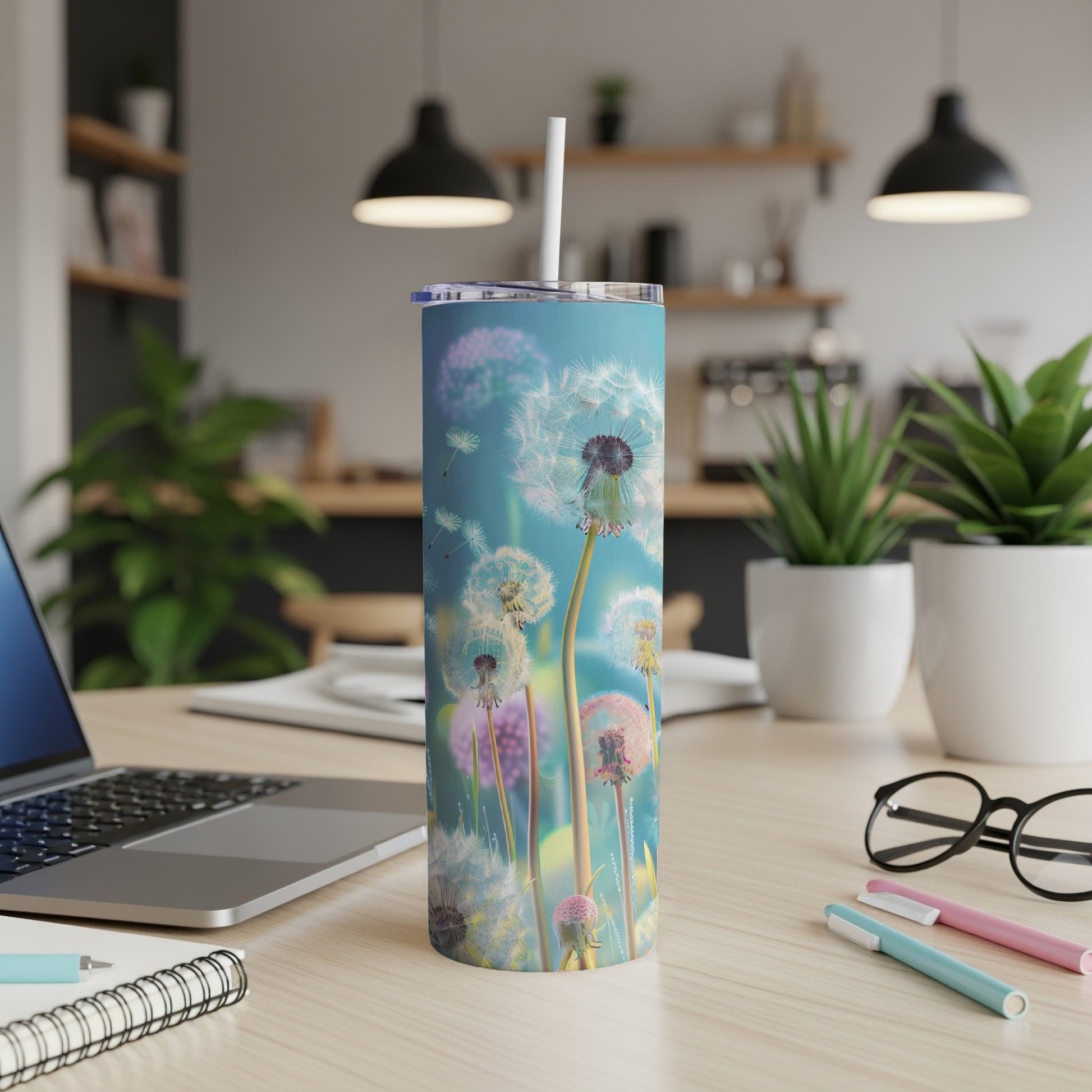 Blue tumbler with dandelion seeds blowing in the wind.