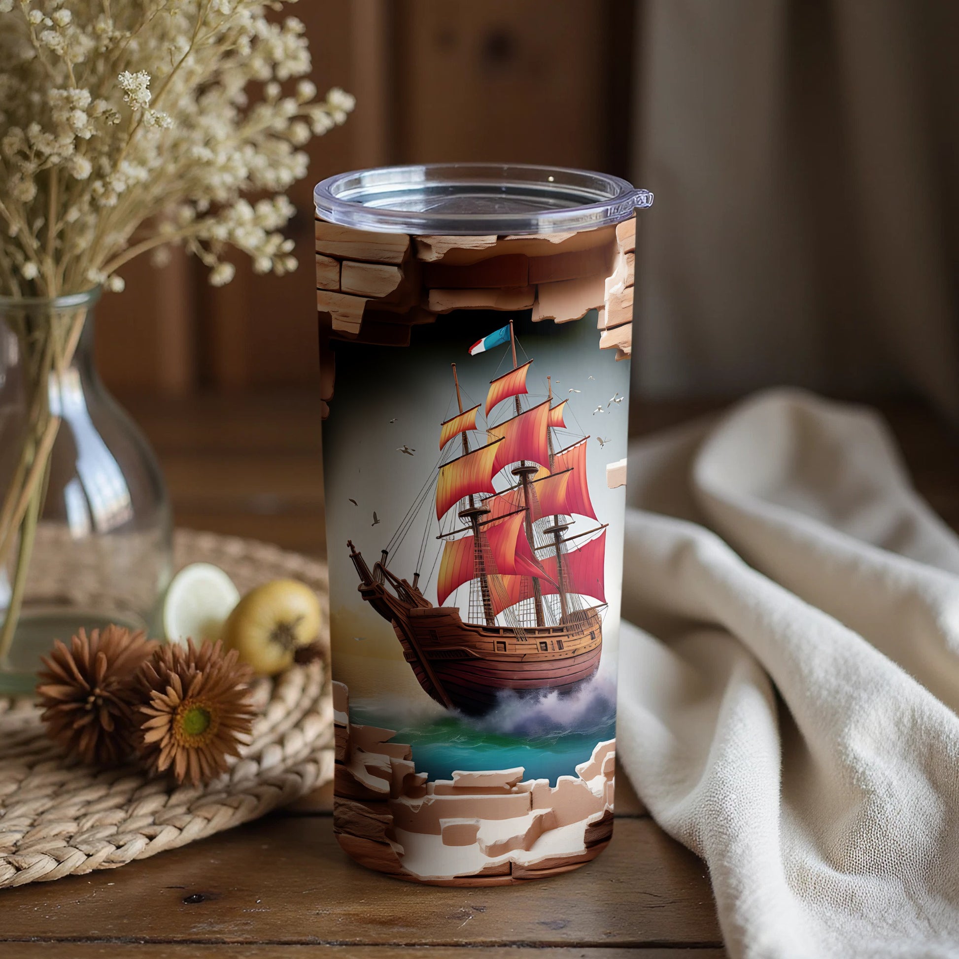 Decorative Pirate Ship Fantasy Art on Tumbler