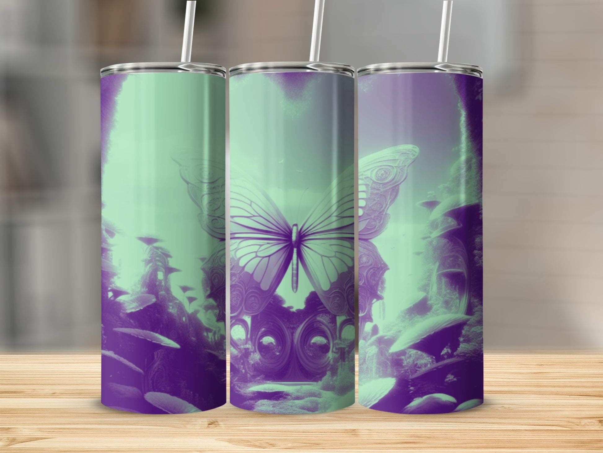 Three tumblers with a purple and green butterfly and mushroom design.