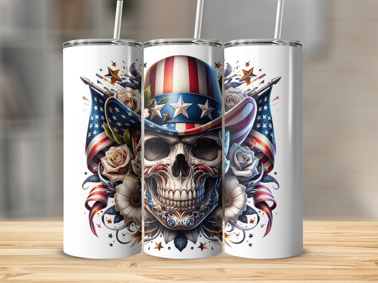 Patriotic skull with American flag hat and roses.