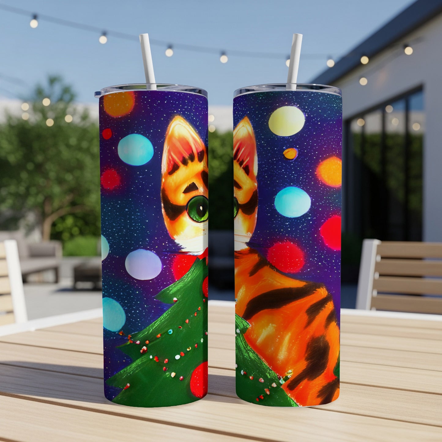 Christmas cat artwork on two tumblers with straws, with bokeh lights.