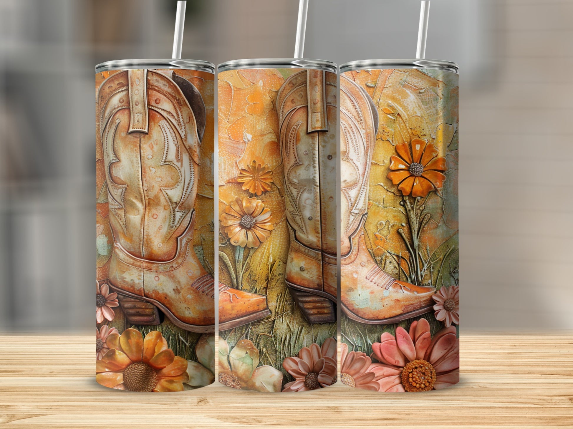 Three tumblers with a vintage cowboy boot and floral design.