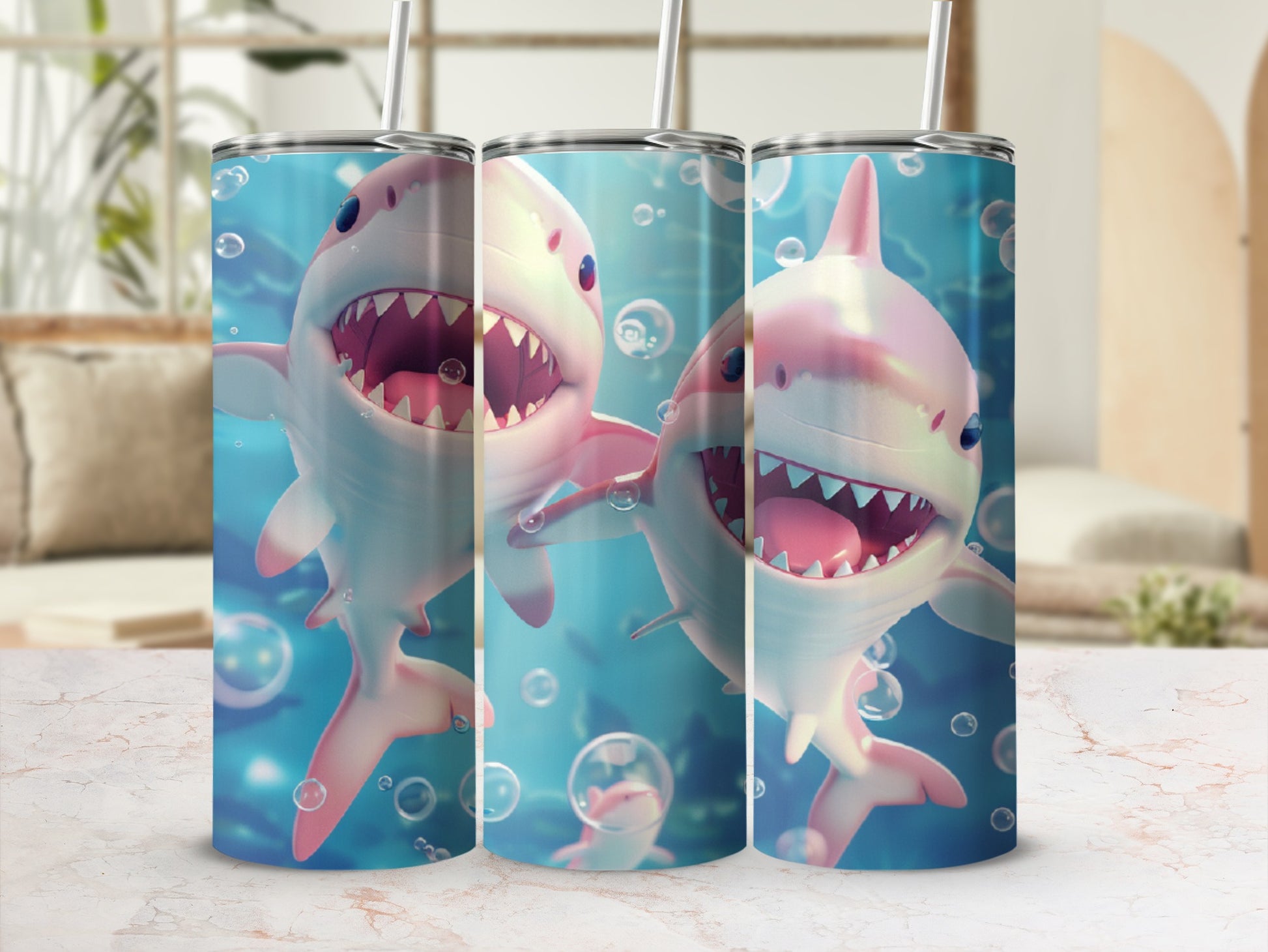 Three cartoon sharks with open mouths and bubbles on a blue background.