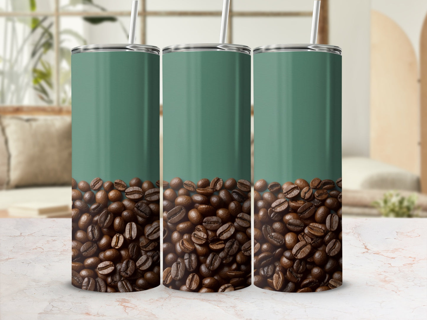 Three tall tumblers with a coffee bean design and green tops.