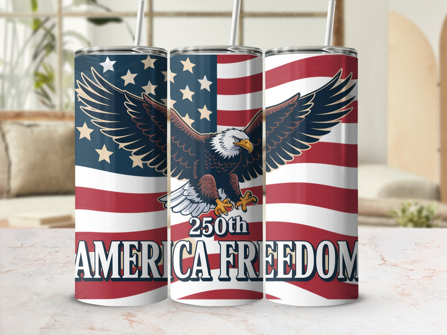 Three tumblers featuring an eagle and "250th America Freedom" text.