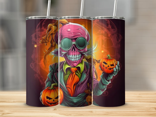 Three tumblers featuring a cartoon skull in a suit holding jack-o'-lanterns.