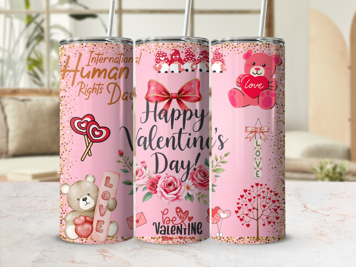 Happy Valentine's Day Love Bear Floral Tumbler